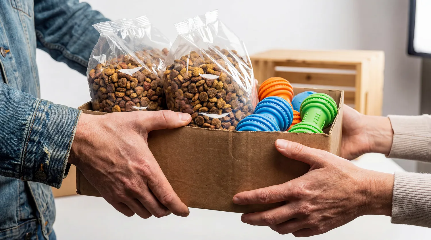 House of Care Germany gemeinnützige UG - Tierbetreuung - Tierheim, Freiwillige, die schwere Kisten mit Trockenfutter für Hunde spenden, Tierbedarf, Adoption, Familienhilfe, Spenden, Tierschutz, Rettung, Unterstützung, Gemeinschaftshilfe, Karton